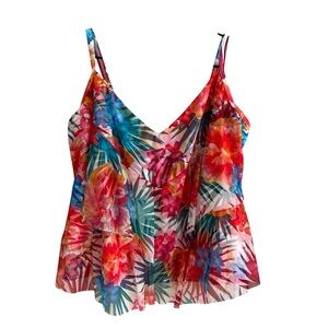 Sunsets Colorful Tropical Print Tankini Top Sheer Tiered Overlay Size 38D